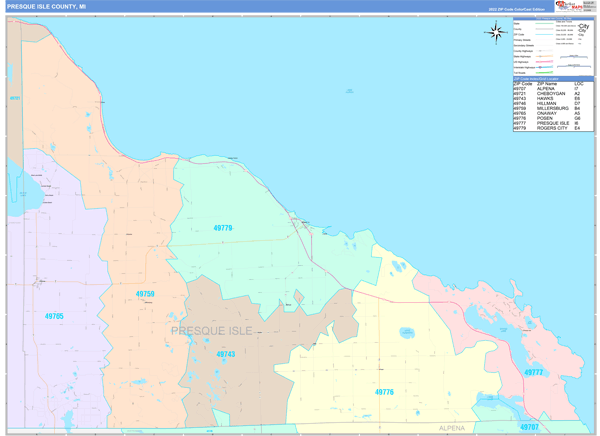 Presque Isle County, MI Wall Map Color Cast Style
